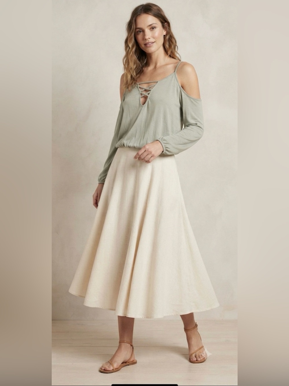 Persaya sage green cold shoulder top crisscross neck detail long sleeves S